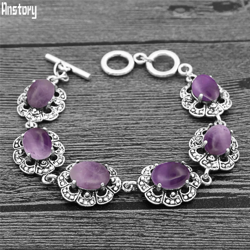 Vintage Fashion Looks - Natural Purple Stone Bracelet Plum Flower