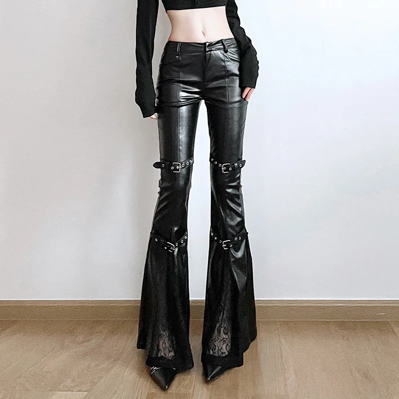 Vintage Fashion Aesthetic - Pantalon évasé en cuir PU pour
